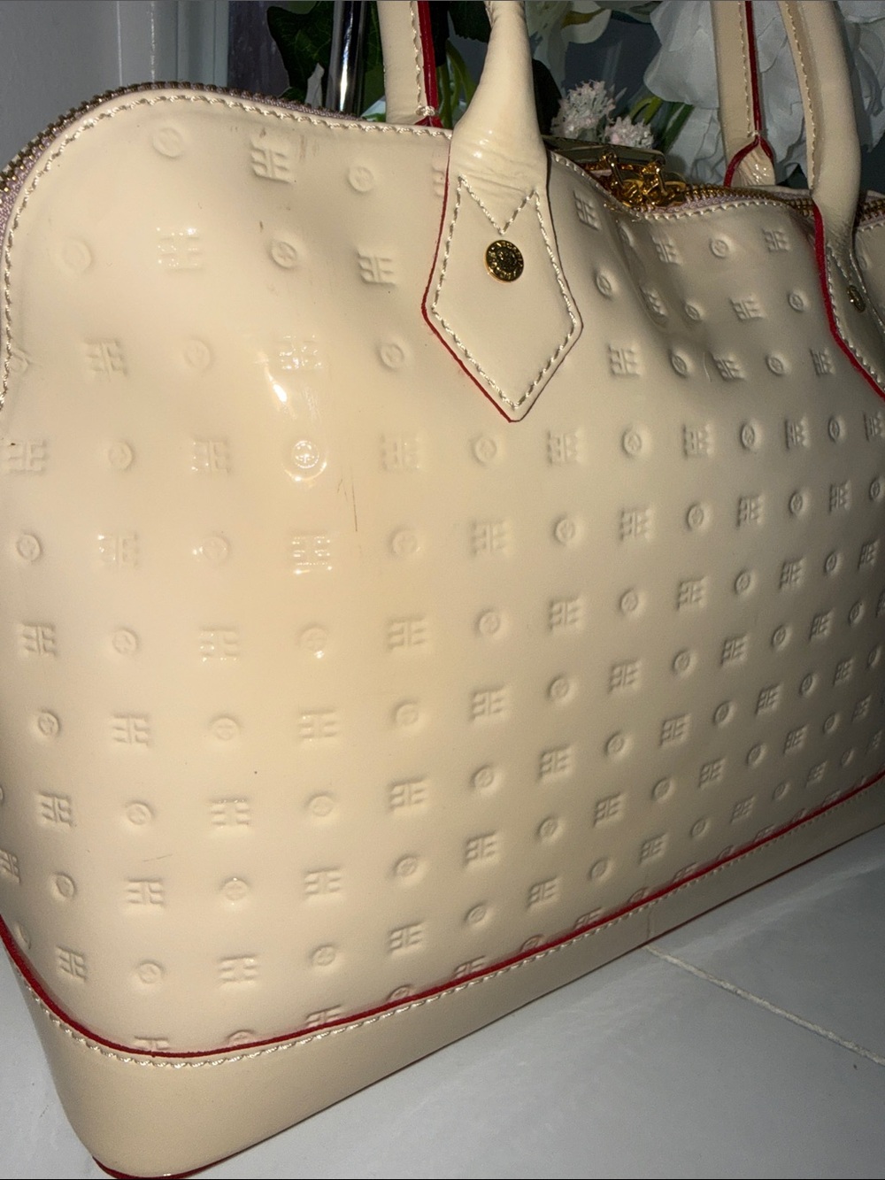 Arcadia Cream Patent Satchel with Red Trim - Picture 3 of 14